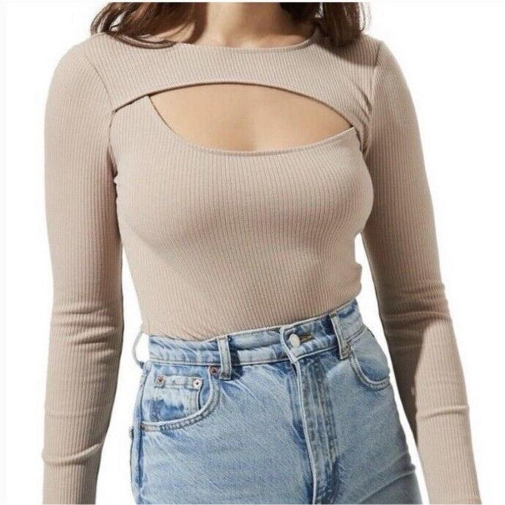 ASTR The Label Taupe Ribbed Cutout Bodysuit S Long Sleeve Thong ATB017